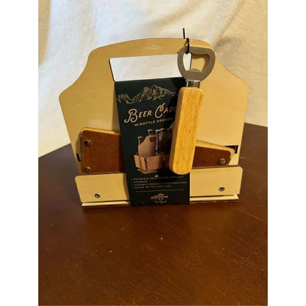 NWT wooden beverage caddy with opener